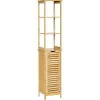 kleankin Bathroom Floor Cabinet with 3 Shelves and Cupboard, Slim and Freestanding Organiser, Tallboy with Storage, Natural Aosom UK