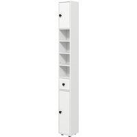 Kleankin 180cm Tall Slim Bathroom Cabinet, Narrow Toilet Roll Storage w/ Open Shelves, 2 Door Cabinets, Adjustable Shelves, for Kitchen, White