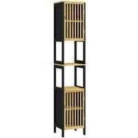 HOMCOM Tall Bathroom Storage Cabinet, Slim Bamboo Bathroom Cabinet with 2 Open Compartments, 2 Slatted Doors and Adjustable Shelves, Black Aosom UK