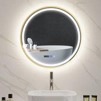 HOMCOM Round Bathroom Mirror with LED Lights, 600mm Backlit Illuminated Bathroom Mirror with Demister Pad, Time and Temp Display, Gold Tone