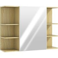 HOMCOM Bathroom Mirror Cabinet with Open Storage Shelves - Natural Wood Finish