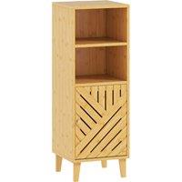 HOMCOM Slim Bathroom Cabinet with Bamboo Door and Legs, Narrow Bathroom Storage Cabinet, Freestanding Storage Cupboard with Open Compartments, 32 x 30 x 90 cm, Natural Wood Finish