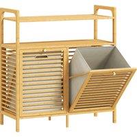 HOMCOM Double Tilt Out Bamboo Laundry Cabinet, Freestanding Bathroom Cabinet with 2 Removable Baskets, Natural