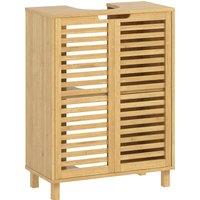 HOMCOM Under Sink Bathroom Cabinet, Freestanding Bamboo Under Sink Cabinet with Louvered Doors and Adjustable Shelf, Natural