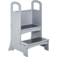 HOMCOM Kids Wooden Step Stool Kitchen Helper w/ Non-Slip Panels Handles Child Toddler Home Help 3 - 8 Yrs Grey Aosom UK