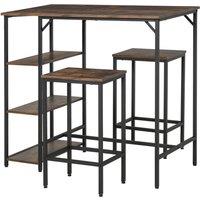 HOMCOM Bar Table and Stools w/ 2 Stools & Side Shelf, Dining Table Set w/ Industrial Bar Height, Coffee Table for Kitchen, Dinette Aosom UK