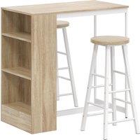 HOMCOM Breakfast Bar Table and Stools Set with 3 Tier Storage Shelves, Footrest and Metal Frame, 91 cm, Oak