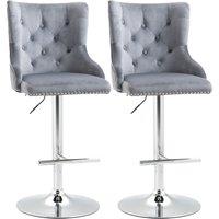 HOMCOM Modern Adjustable Bar Stools Set of 2, Swivel Velvet Barstools with Button Tufted Back, Footrest, Nailhead Trim for Home Bar, Grey