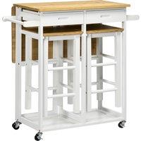 HOMCOM Kitchen Island Set with 2 Stools, Bamboo Breakfast Cart with Drop Leaf Top, Drawers & Towel Rack, Kitchen Cart and Chairs, White Aosom UK