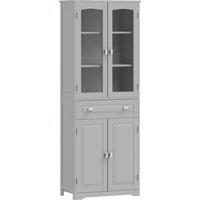 HOMCOM Freestanding Kitchen Cupboard, Storage Cabinet with 2 Adjustable Shelves, Drawer and Glass Door for Living Room, Grey