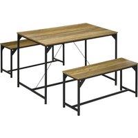 HOMCOM Dining Duet: Space-Efficient Table and 2 Benches Set, Seats 4, Natural Finish for Kitchen and Dining Room Aosom UK