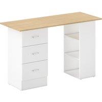 HOMCOM Computer Desk, Writing Table, PC Workstation with 3 Storage Shelves and Drawers, Silver Handle, for Home Office, Natural Wood Finish and White