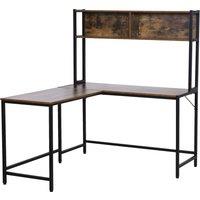 HOMCOM Industrial L-Shaped Work Desk & Storage Shelf Steel Frame Adjustable Feet Corner Workstation Home Office Study Stylish Brown Black Aosom UK