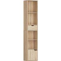 HOMCOM 6-Tier Bookcase, Tall Narrow Bookshelf with Drawer and Door - Natural Wood Finish