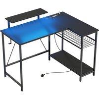 HOMCOM 114.5 cm L-Shaped Gaming Desk, Computer Desk with LED Lights, Power Station and Adjustable Mesh Shelf , Black