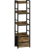 HOMCOM 4-Tier Bookshelf, Narrow Bookcase with Drawer, 8 Hooks, Metal Frame, Rustic Brown