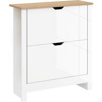 HOMCOM Slim Shoe Cabinet, Narrow Shoe Cupboard with 2 Flip Drawers, Adjustable Shelves for 12 Pairs of Shoes, High Gloss White
