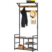 HOMCOM Coat Rack with Shoe Storage Bench, 9 Hooks Shelves for Entryway Bedroom, Brown and Black, 180cm Aosom UK