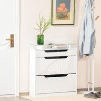 HOMCOM Shoe Cabinet High Gloss, 3 Drawer Storage, Tipping Bucket Design, Glass Top, 14 Pairs Capacity, White