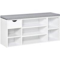 HOMCOM Shoe Storage Bench with Cushion, 7 Compartments, Adjustable Shelves, Drawer, White and Grey