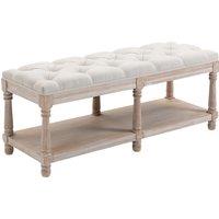 HOMCOM 2-Tier Bed End Bench, Vintage Stool, Wooden Window Seat with Storage Shelf, Button Tufted Upholstered Footstool, Cream White Aosom UK