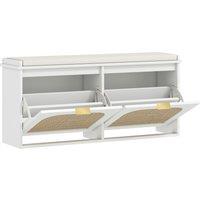 HOMCOM Boho Shoe Bench with Padded Seat and 2 Flip-Drawers - White