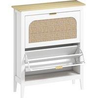 HOMCOM Narrow Shoe Cabinet, Boho Slim Shoe Storage Cabinet with 2 Flip Drawers, Holds 14 Pairs, White