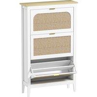 HOMCOM Narrow Shoe Cabinet, Boho Slim Shoe Storage Cabinet with 3 Flip Drawers, Holds 21 Pairs, White