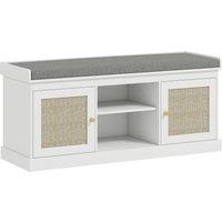 HOMCOM Boho Shoe Storage Bench with Padded Cushion and Rattan Doors - White
