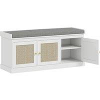 HOMCOM Shoe Storage Bench with Woven Rattan Doors, Seat - White