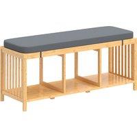 HOMCOM Bamboo Shoe Bench, Entryway Storage Bench with Padded Cushion and Open Shelf, Natural Wood Finish