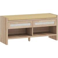 HOMCOM Boho Shoe Bench with 2 Rattan Drawers, Shoe Storage Bench with Cushioned Seat and Open Shelf Oak Wood Effect