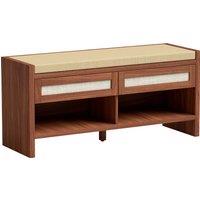 HOMCOM Boho Shoe Bench with 2 Rattan Drawers, Shoe Storage Bench with Cushioned Seat and Open Shelf Brown