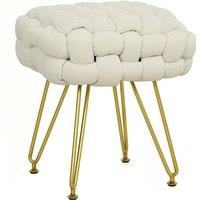 HOMCOM Velvet-Feel Bold Woven Footstool - Cream White