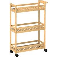 HOMCOM 3-Tier Bamboo Storage Trolley on Wheels with Handle for Kitchen, Office, Bathroom