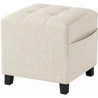 HOMCOM Small Ottoman, Square Footstool with Side Pocket, Rubber Wood Legs and Padded Seat for Living Room, Beige