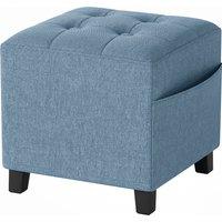 HOMCOM Small Ottoman, Square Footstool with Side Pocket, Rubber Wood Legs and Padded Seat for Living Room, Dark Blue