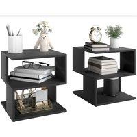 HOMCOM Set of 2 Side Table Square Coffee Table, Modern End Table with 2 Tier Storage Shelves for Living Room, Bedroom, Black
