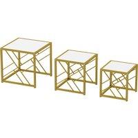 HOMCOM Nesting Coffee Tables, Set of 3 Square Side Tables with Black Metal Frame, for Living Room, Bedroom and Office, White