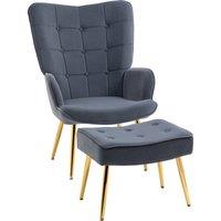 HOMCOM Upholstered Armchair w/ Footstool Set, Modern Button Tufted Accent Chair w/ Steel Legs, Wingback Chair for Living Room, Dark Grey Aosom UK