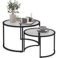 HOMCOM Glass Coffee Table Set of 2, Round Nest of Tables w/ Tempered Glass Tabletop, Steel Frame, Modern Side Tables for Living Room, Black Aosom UK