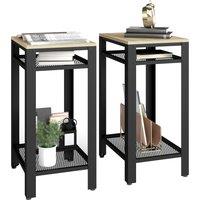 HOMCOM Tall Side Table Set of 2 with 3 Layer, 2 Shelves Storage Display Industrial-Style, Metal Frame, Bedside End Table for Living Room Bedroom, Oak and Black