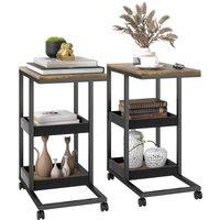 HOMCOM Mobile Sofa Side Table Set of 2, Industrial C-Shaped Rolling Couch Table with 3-Tier Storage Shelving Four Lockable Wheels Steel Frame, Dark Brown