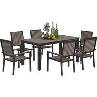 Outsunny 6 Seater Garden Dining Set with Stackable Chairs, Rectangular Plastic Top, Outdoor Dining Table and Chairs for Patio, Balcony, Brown