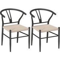 HOMCOM Set of Two Weave Dining Chairs with Y-Shaped Backrest Hemp Seat - Black/Beige