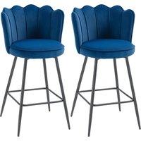 HOMCOM Set of Two Velvet-Feel Lotus Bar Stools - Dark Blue