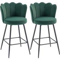 HOMCOM Set of Two Velvet-Feel Lotus Bar Stools - Dark Green