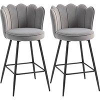 HOMCOM Set of Two Velvet-Feel Lotus Bar Stools - Grey