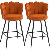HOMCOM Set of Two Velvet-Feel Lotus Bar Stools - Orange