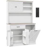 HOMCOM Pantry Cabinet with Charging Station, Microwave Stand, Rubbish Bin Cabinet, Adjustable Shelves, Barn Style Doors, White